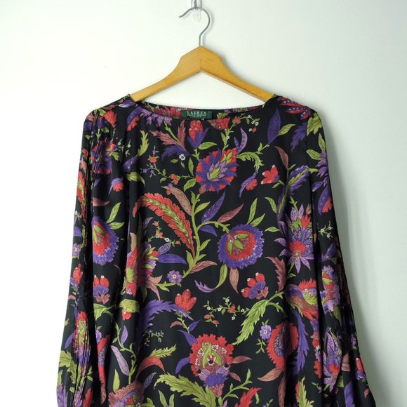 Ralph Lauren Tops - Ralph Lauren gorgeous satin black floral long sleeve blouse top